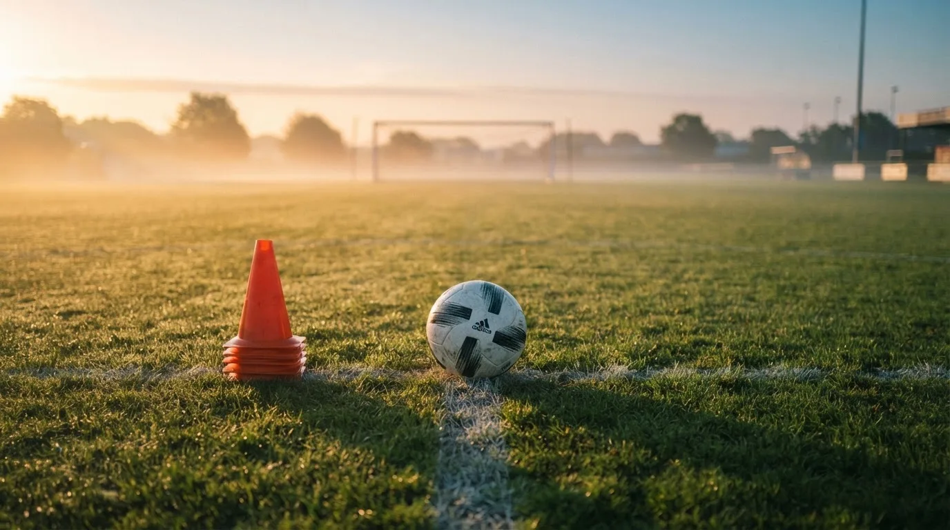 Ein Fußball liegt auf einem Rasenplatz bei Sonnenaufgang, daneben ein kleiner Stapel Trainingshütchen.