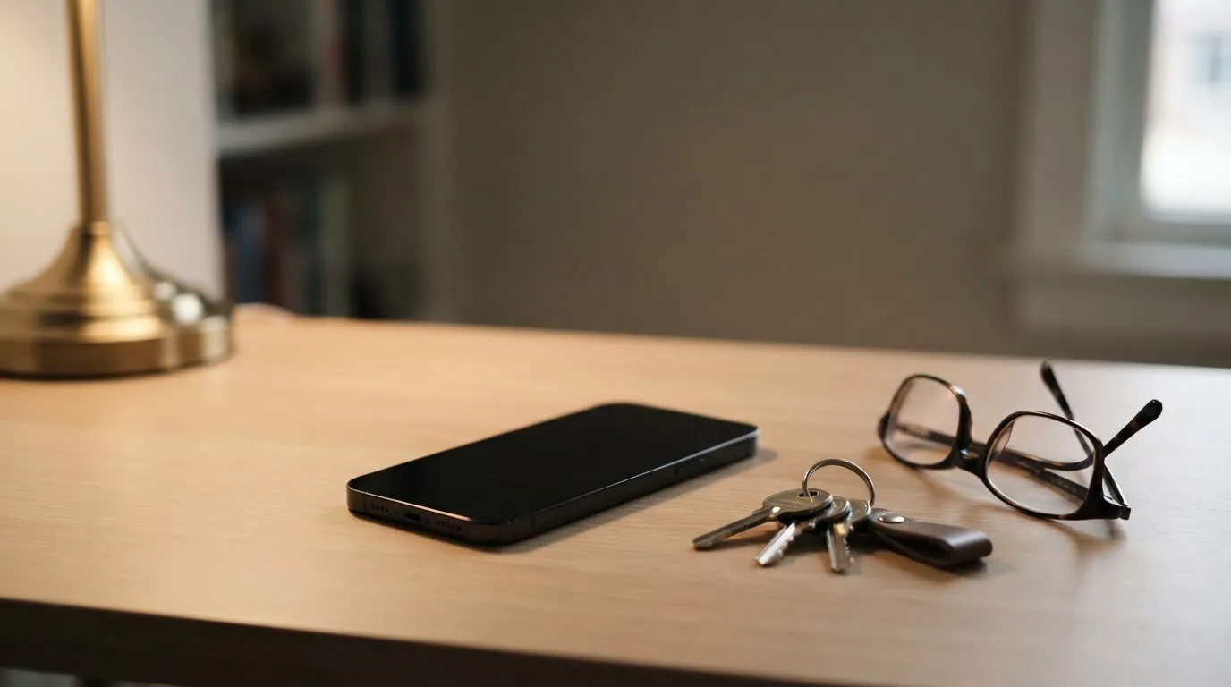 Ein Smartphone liegt mit dunklem Display auf einem Schreibtisch neben einem Schlüsselbund und einer Brille.