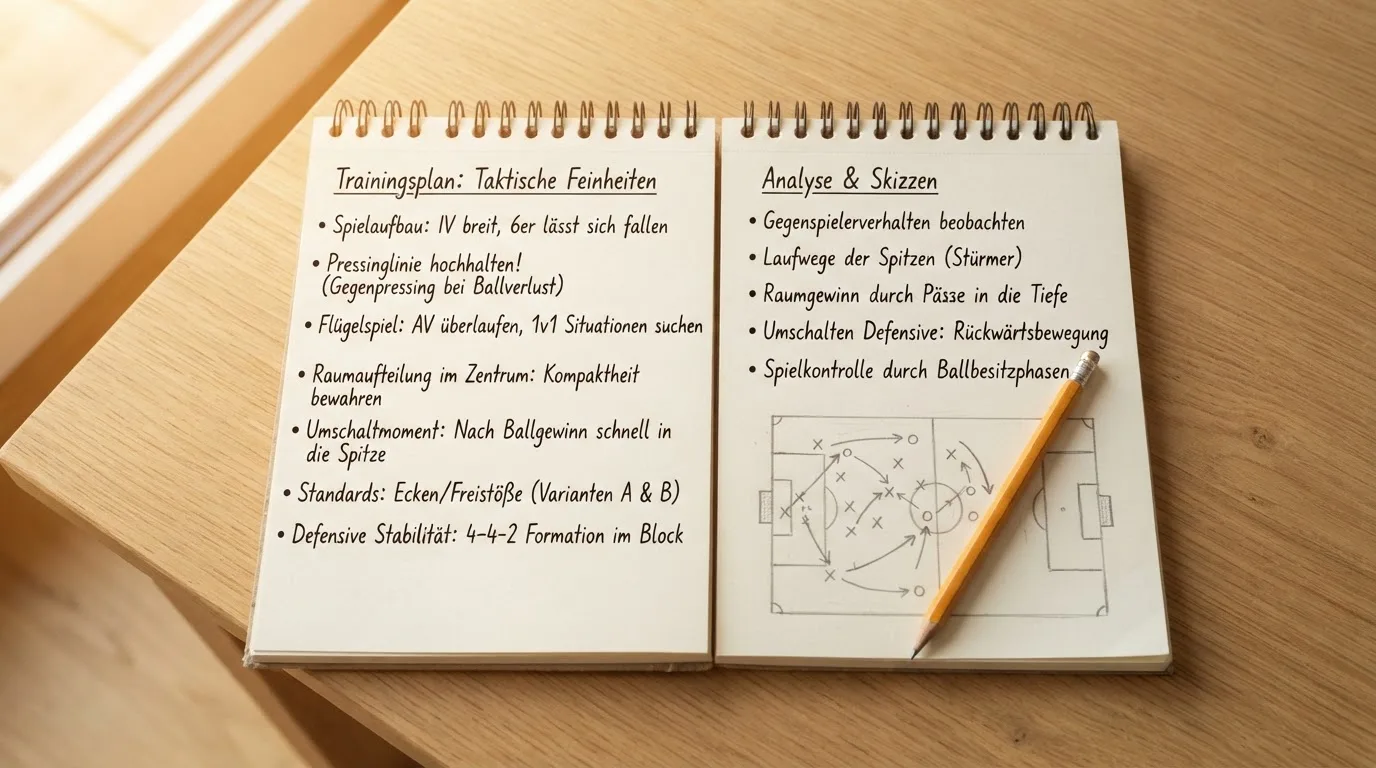 Ein Notizbuch mit handgeschriebenen Stichpunkten und ein Bleistift liegen auf einem Holztisch im Morgenlicht.