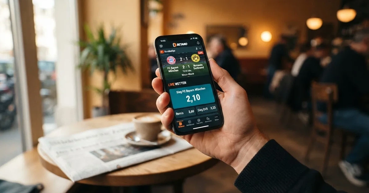 Eine Hand hält ein Smartphone mit dunklem Display, im Hintergrund unscharf ein Café-Tisch mit einer Tasse.