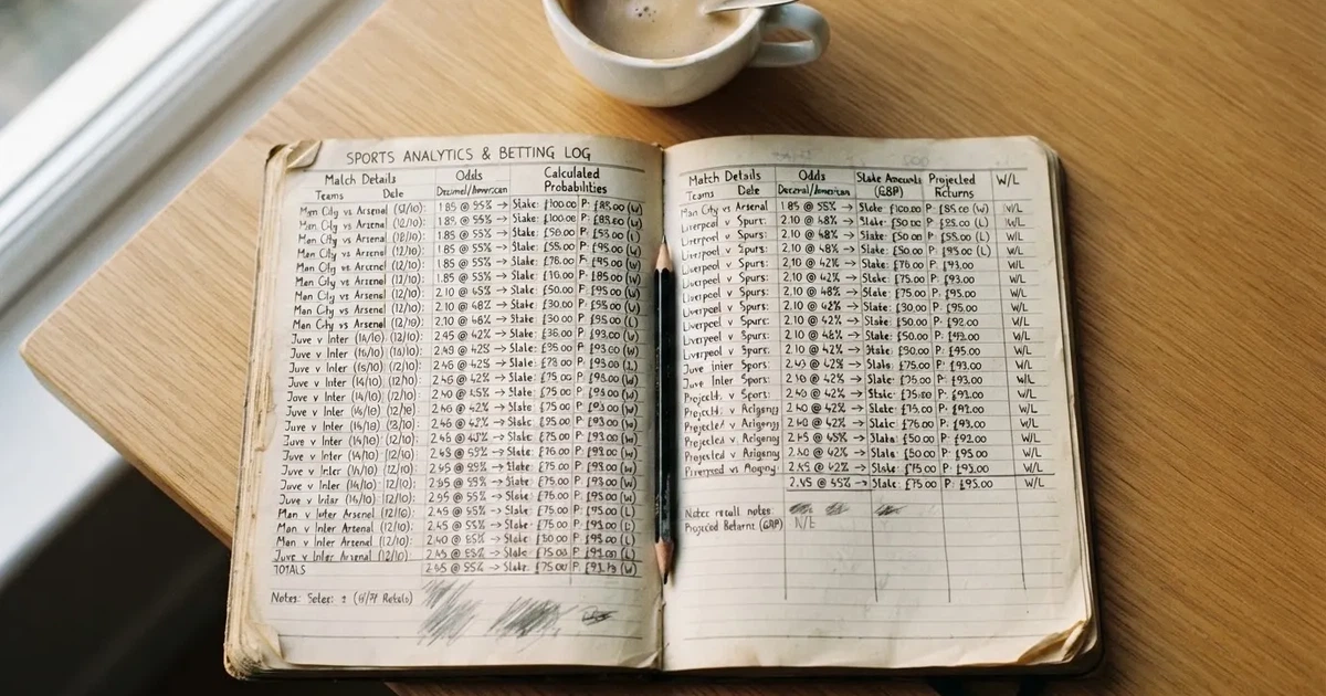 Handschriftliche Zahlenkolonnen in einem Notizbuch, daneben ein Bleistift und eine Tasse Kaffee auf hellem Holz.