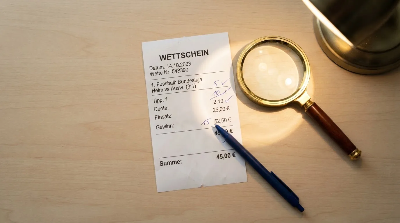 Ein leerer Wettschein aus Papier und ein Kugelschreiber liegen auf einem Schreibtisch neben einer Lupe.