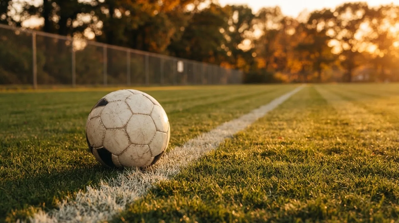 Ein Fußball liegt am Rand eines Rasens neben einer weißen Linie, im Hintergrund ein Zaun in der Abendsonne.
