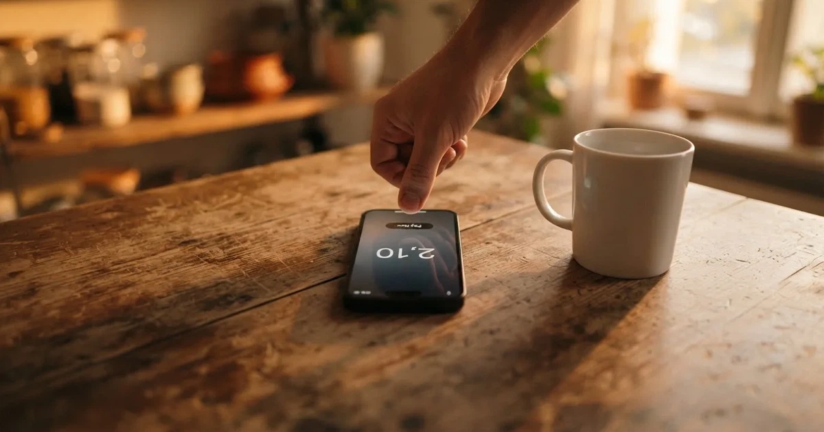 Ein Daumen schwebt über einem Smartphone mit dunklem Display, das auf einem Küchentisch neben einer Tasse liegt.