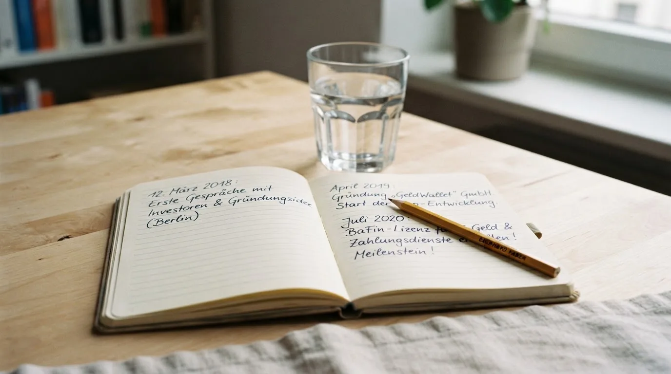 Ein Notizbuch und ein Bleistift liegen neben einem Glas Wasser auf einem hellen Tisch.