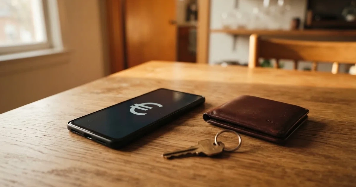 Ein Smartphone mit dunklem Display liegt neben einer Geldbörse und einem Schlüssel auf einem Tisch.