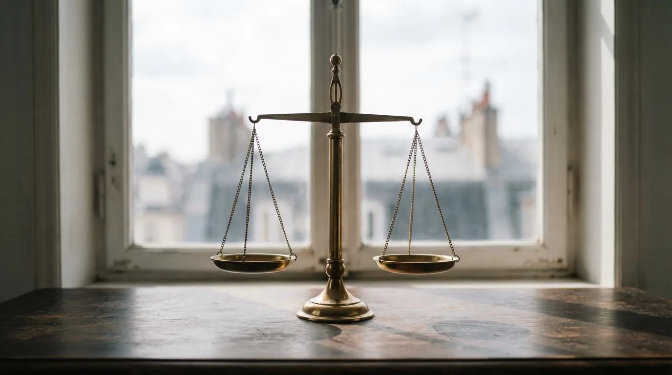 Eine Waage mit zwei leeren Schalen steht auf einem Holztisch vor einem Fenster.