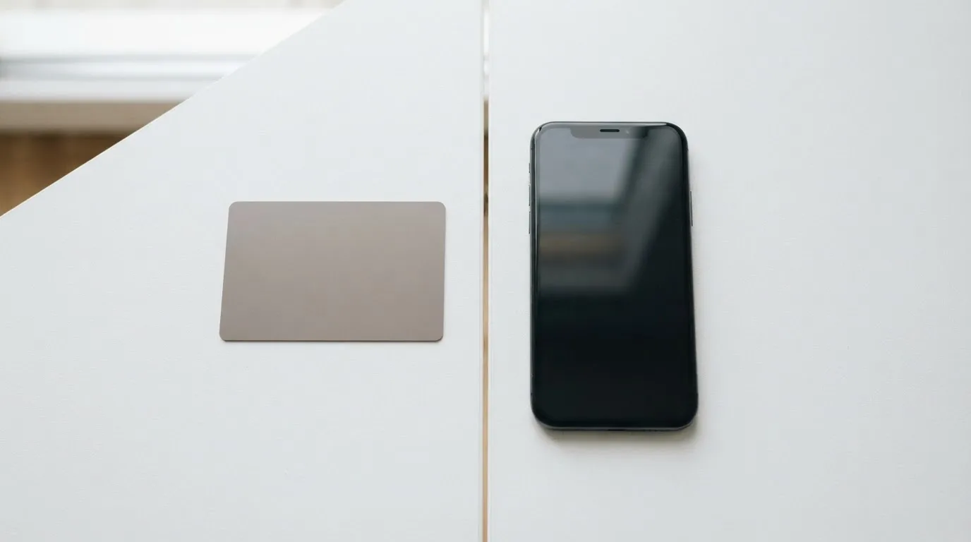 Eine Bankkarte ohne Aufdruck liegt neben einem Smartphone mit dunklem Display auf einem Holztisch.