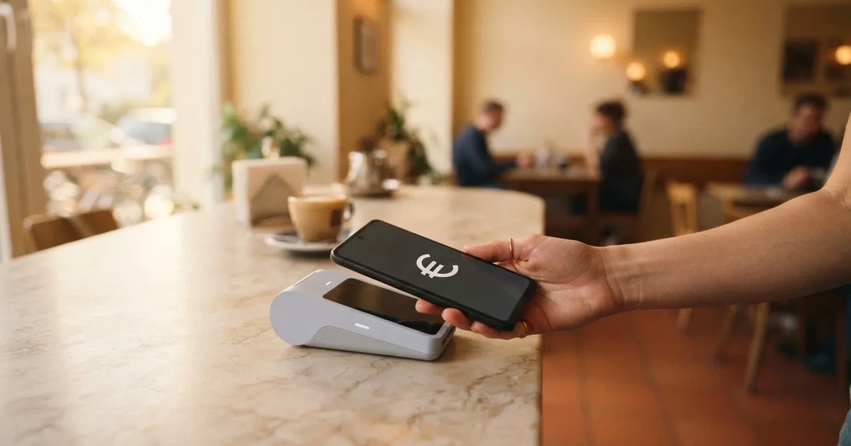 Eine Hand hält ein Smartphone dicht an ein Kartenlesegerät ohne erkennbare Beschriftung in einem Café.