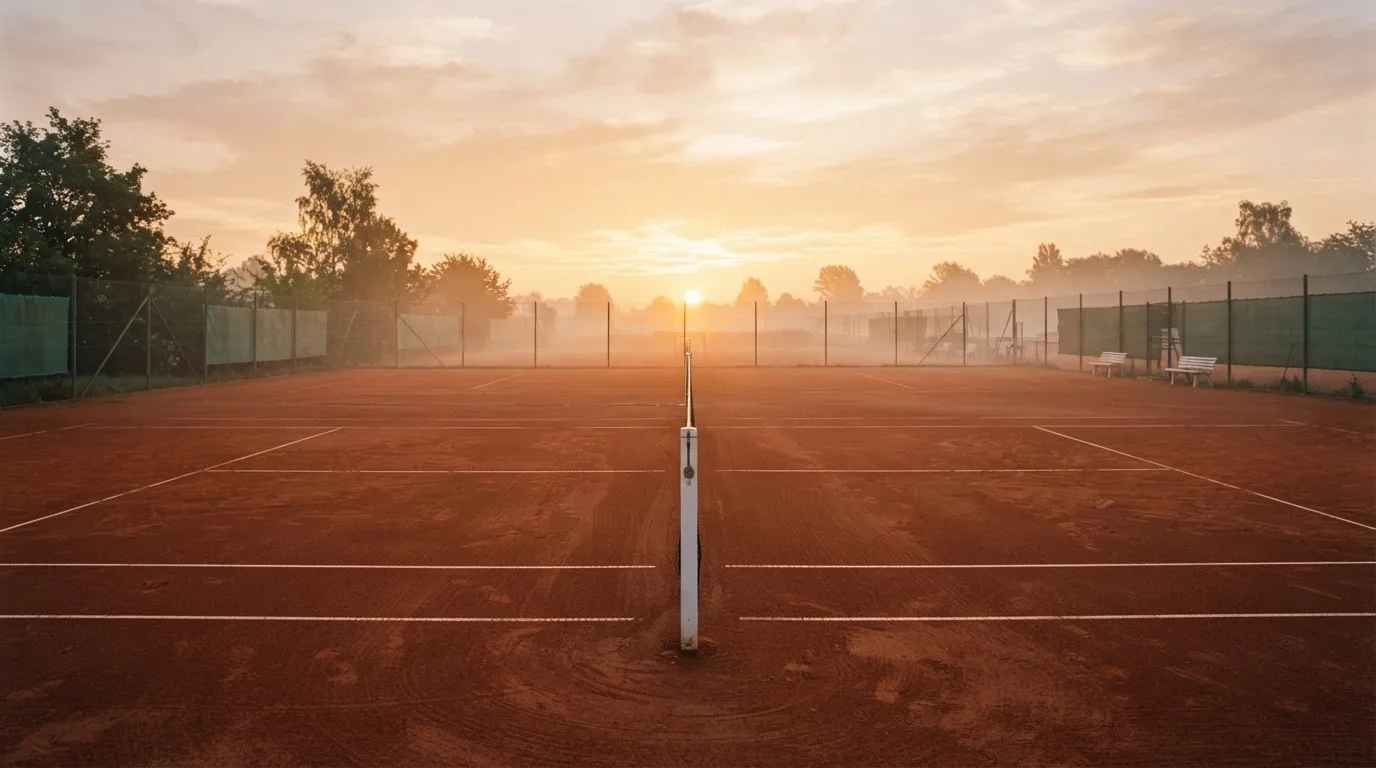 Ein Tennisplatz aus Sand bei Sonnenaufgang, das Netz im Gegenlicht, kein Mensch zu sehen.