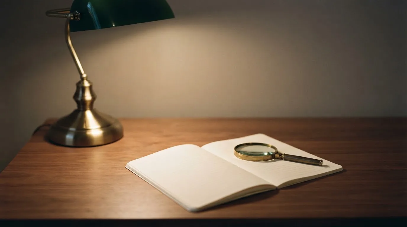 Ein Schreibtisch mit Lupe und leerem Block unter einer Lampe in einem ruhigen Raum.