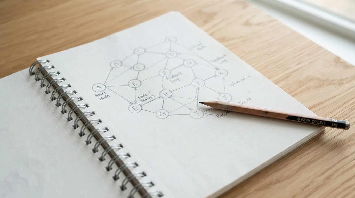 Ein Notizbuch mit handgezeichneten Knoten und Linien liegt neben einem Bleistift auf einem Schreibtisch.
