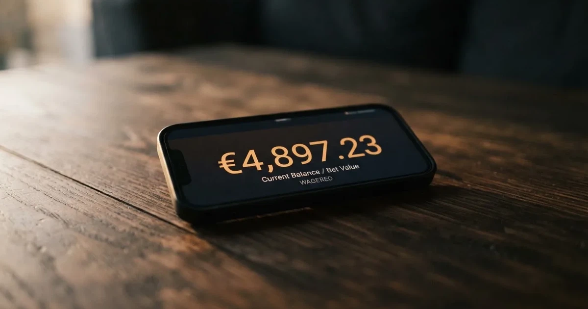 Eine einzelne goldfarbene Münze ohne Prägung liegt auf einem dunklen Tisch, daneben ein ausgeschaltetes Smartphone.