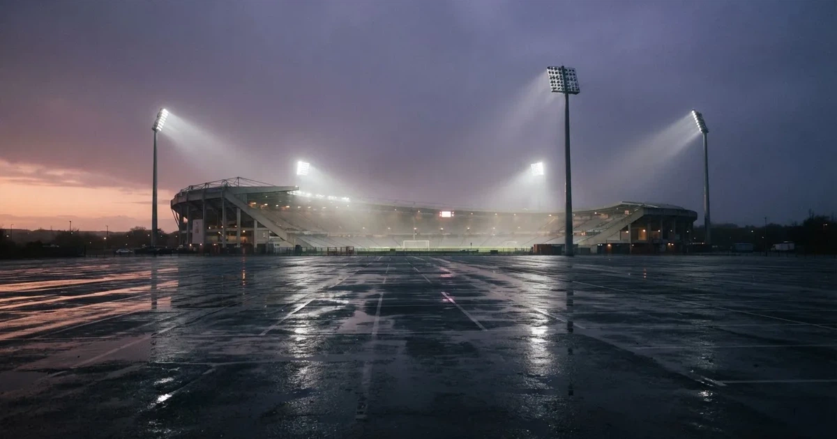 Ein Stadion unter Flutlicht aus großer Entfernung gesehen, davor ein regennasser Parkplatz in der Dämmerung.