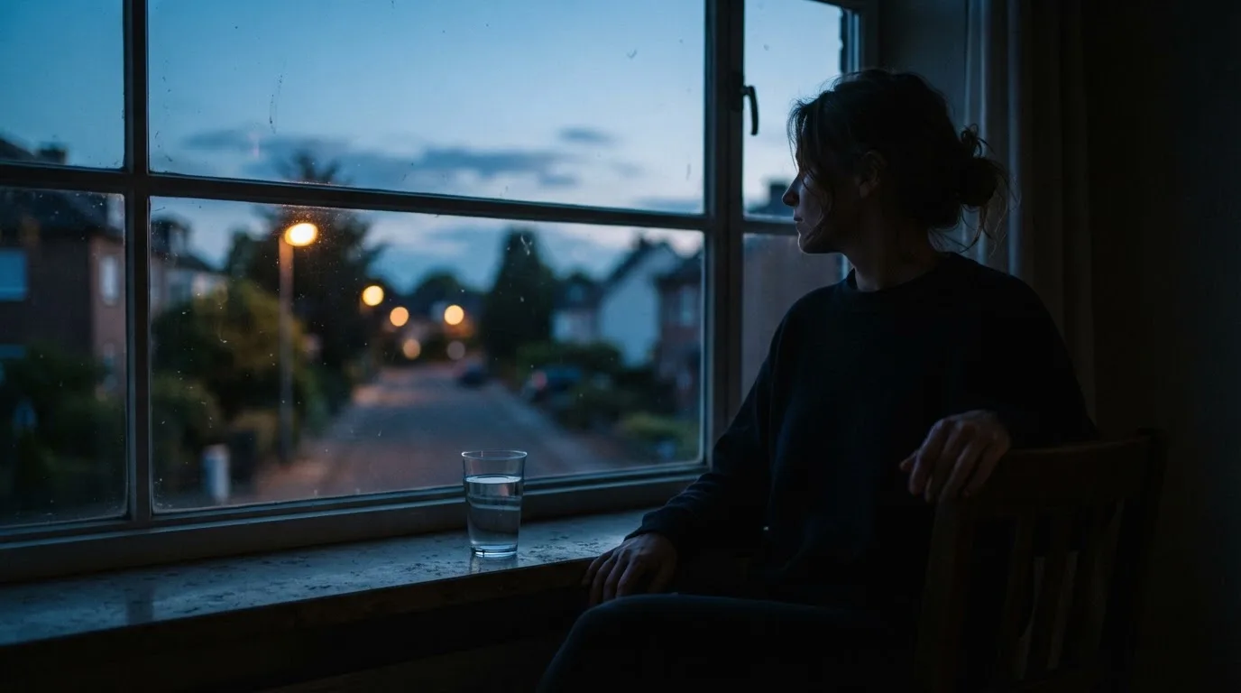 Die Silhouette einer Person sitzt am Abend am Fenster und blickt auf eine Straße, auf dem Fensterbrett steht ein Glas Wasser.