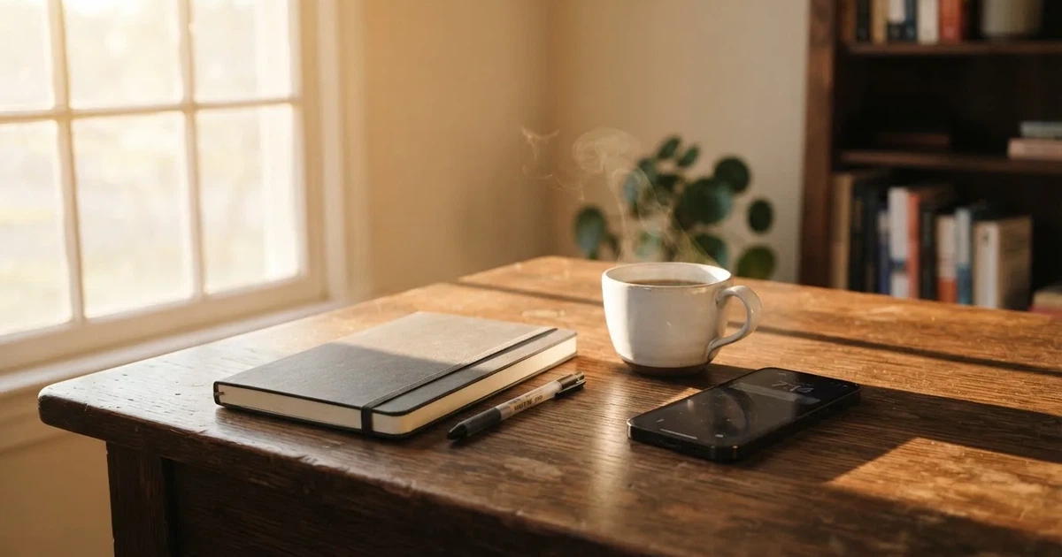 Ein Holzschreibtisch im Morgenlicht mit geschlossenem Notizbuch, Kugelschreiber und Kaffeetasse, daneben ein Smartphone mit dunklem Bildschirm.