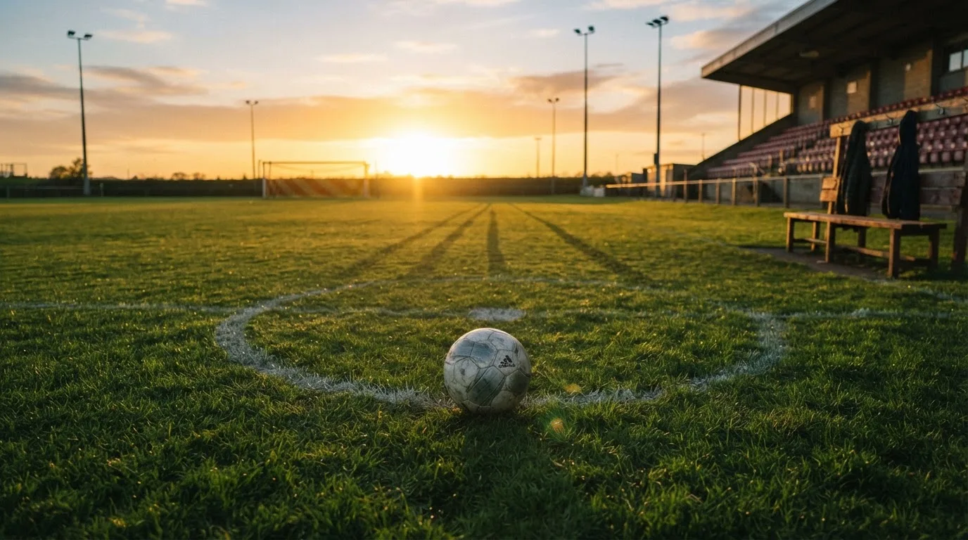 Ein Fußball auf einem Rasenplatz im Gegenlicht der tiefstehenden Sonne, am Spielfeldrand eine leere Ersatzbank.
