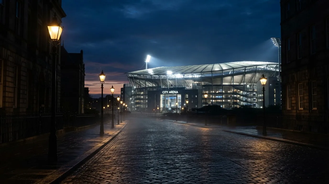 Ein Stadion unter Flutlicht aus der Ferne gesehen, davor eine dunkle Straße mit Laternen und ohne Menschen.