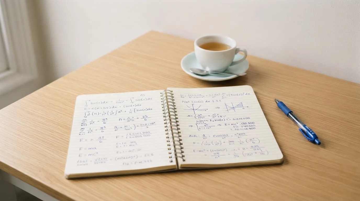 Ein Notizbuch mit handgeschriebenen Rechnungen und ein Taschenrechner auf einem hellen Schreibtisch neben einer Tasse Tee.