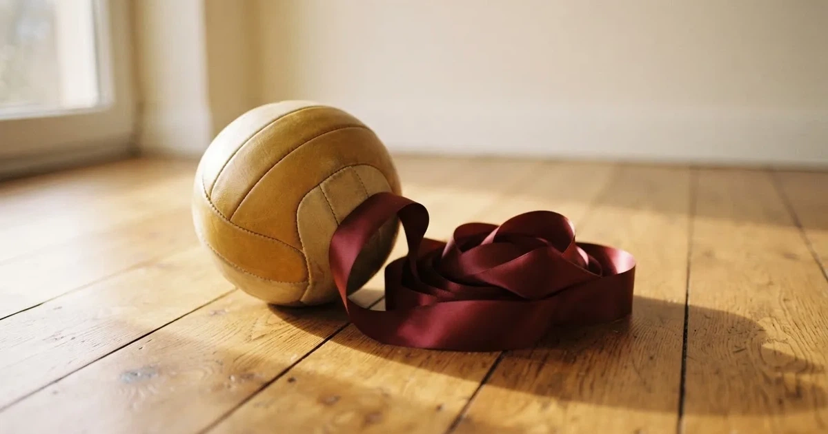 Ein Geschenkband liegt neben einem Fußball auf einem Holzboden, gedämpftes Licht fällt von einem Fenster herein.