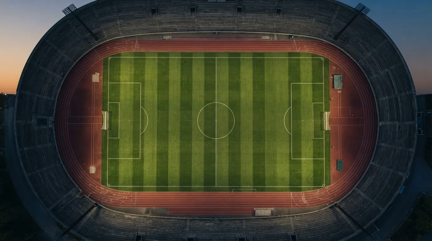 Ein Fußballplatz am Abend aus der Vogelperspektive, Flutlichtmasten ausgeschaltet, die Rasenlinien deutlich sichtbar.
