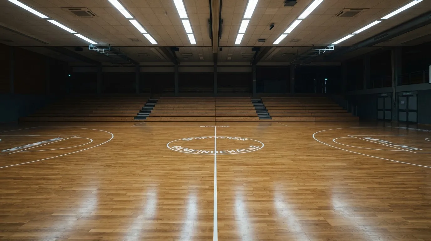 Ein Basketballfeld in einer leeren Halle, das Parkett spiegelt das Licht der Deckenlampen.