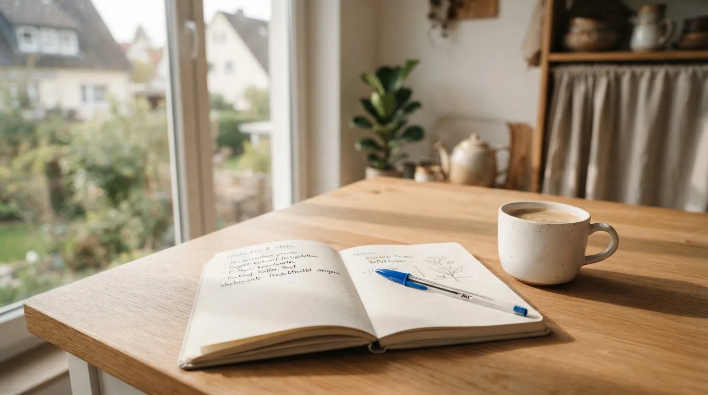 Eine Tasse Kaffee, ein Kugelschreiber und ein aufgeschlagenes leeres Notizbuch auf einem Küchentisch am Fenster.