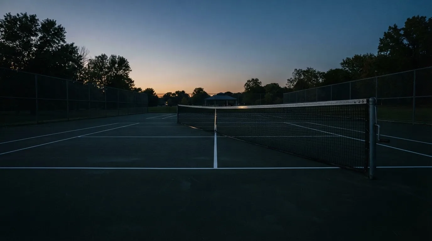 Ein Tennisplatz in der Dämmerung, Netz und Linien im Zwielicht, ohne Menschen und mit ruhigem Himmel.