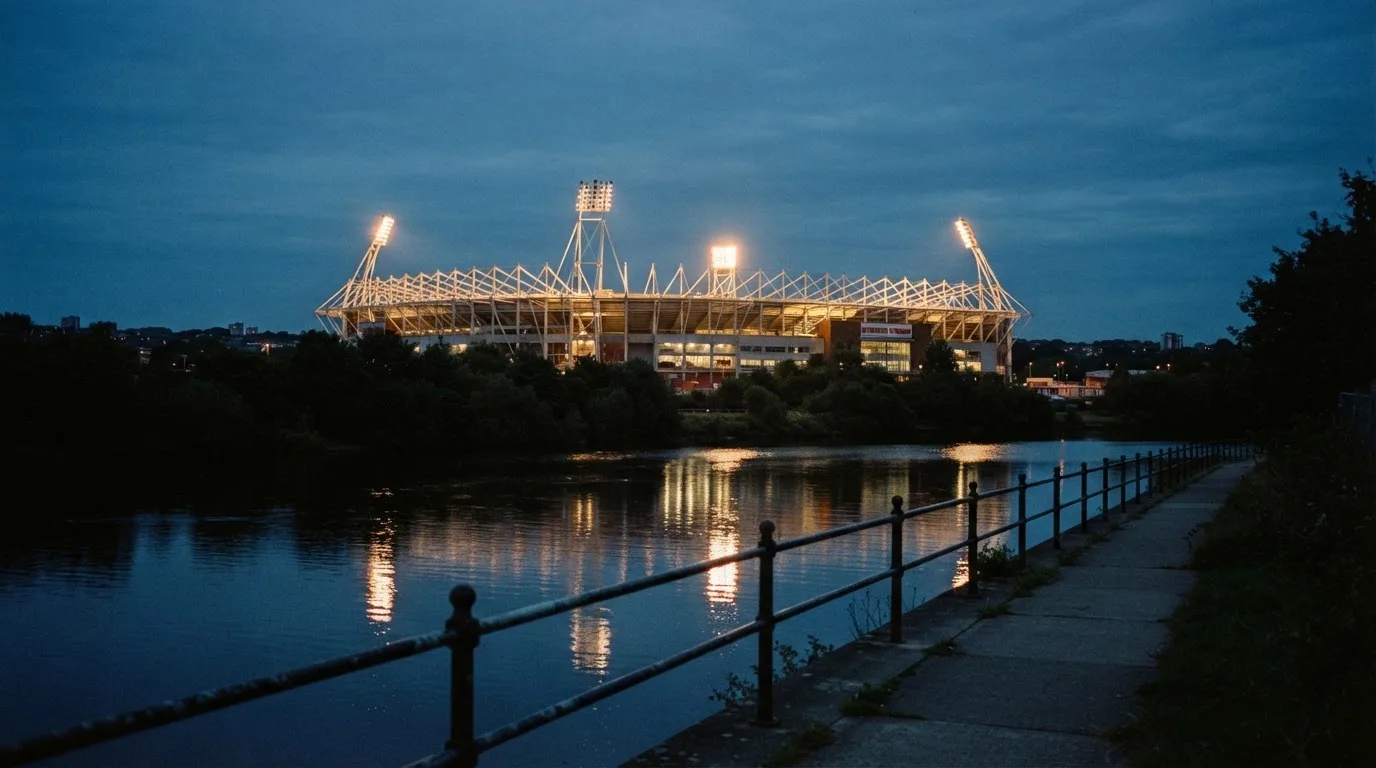 Ein Stadion unter Flutlicht aus der Ferne gesehen, im Vordergrund ein ruhiger Fluss und ein Fußweg.