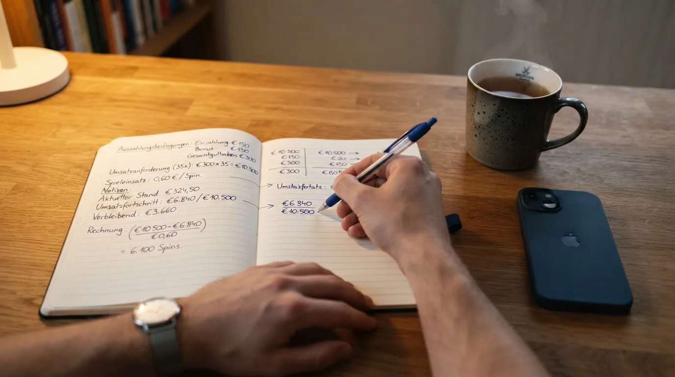 Ein Notizbuch mit handgeschriebenen Rechnungen und ein Taschenrechner auf einem Schreibtisch neben einer Teetasse.