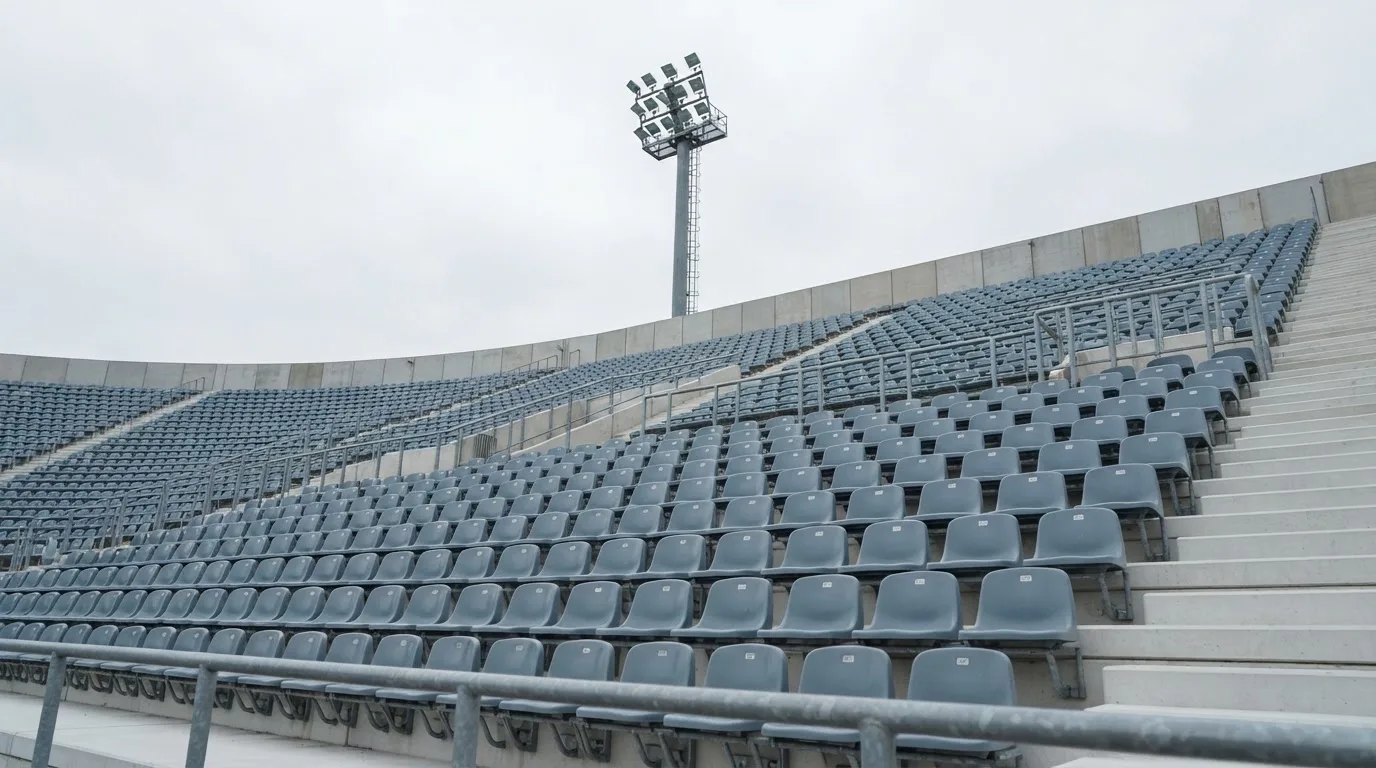 Eine leere Tribüne eines Fußballstadions bei Tageslicht, Sitzschalen in Reihen und dahinter ein Flutlichtmast.