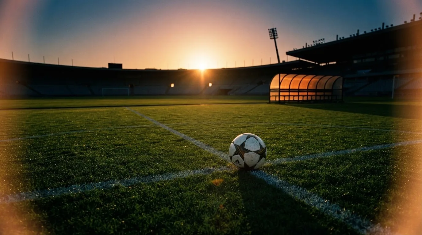 Ein Fußball auf einem Rasenplatz im Gegenlicht der tiefstehenden Sonne, am Rand eine leere Ersatzbank.
