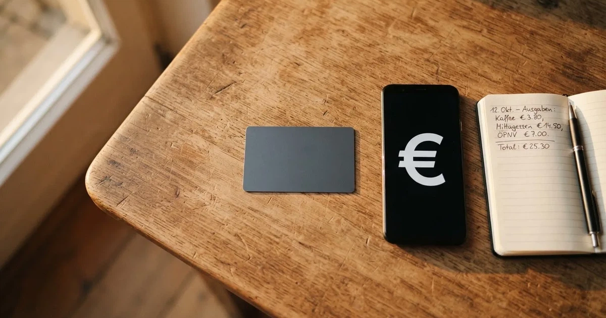 Eine Plastikkarte ohne Aufdruck liegt auf einem Holztisch neben einem Smartphone mit dunklem Bildschirm und einem Notizbuch.