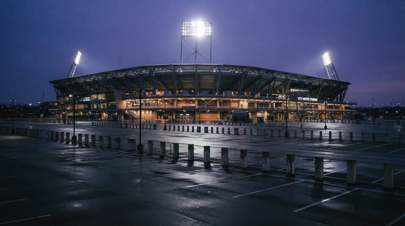 Ein Stadion unter Flutlicht aus der Ferne gesehen, davor ein leerer Parkplatz in der Dämmerung.