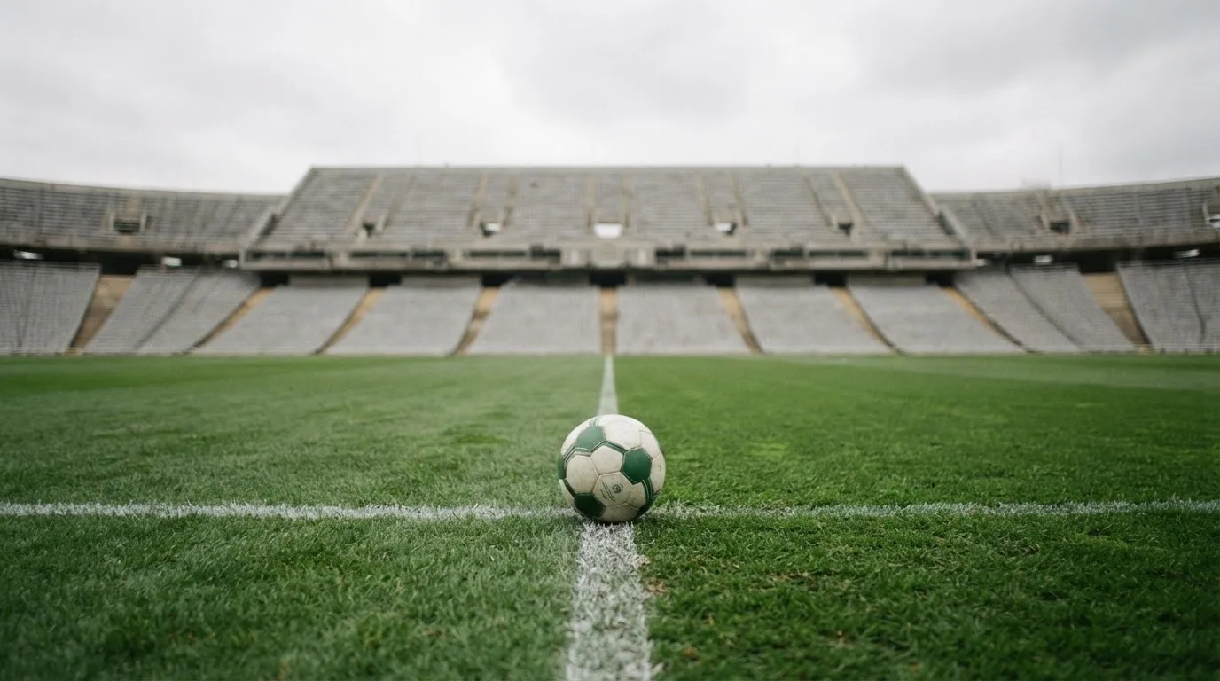 Ein Fußball auf einem Rasen, im Hintergrund ein leeres Stadion bei bewölktem Himmel.