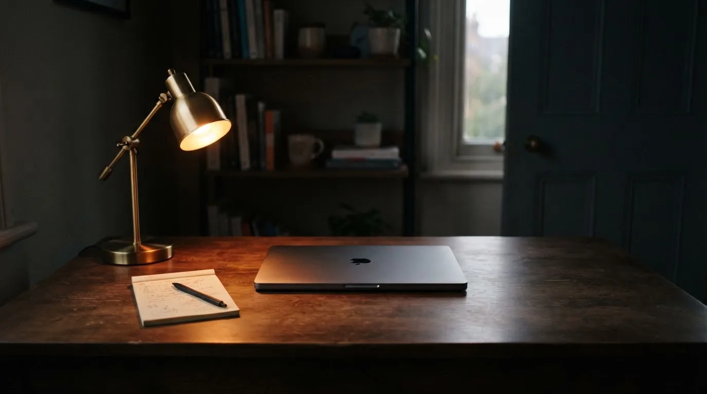 Ein Schreibtisch mit Lampe und geschlossenem Laptop in einem ruhigen Büro bei Abendlicht.