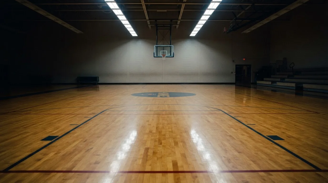 Ein Basketballfeld in einer leeren Halle, das Parkett spiegelt das Deckenlicht.