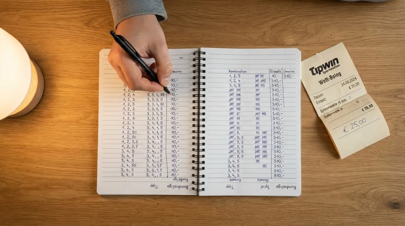 Ein Taschenrechner und ein Notizbuch mit handschriftlichen Zahlenreihen auf einem Schreibtisch neben einem Kugelschreiber.
