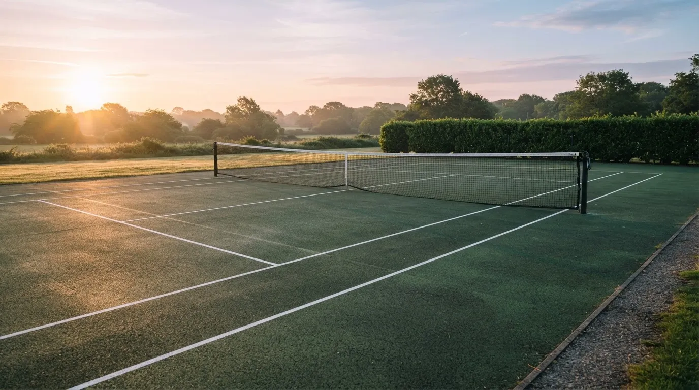 Ein Tennisplatz bei Sonnenaufgang, Netz und Linien im Streiflicht, ohne Menschen.