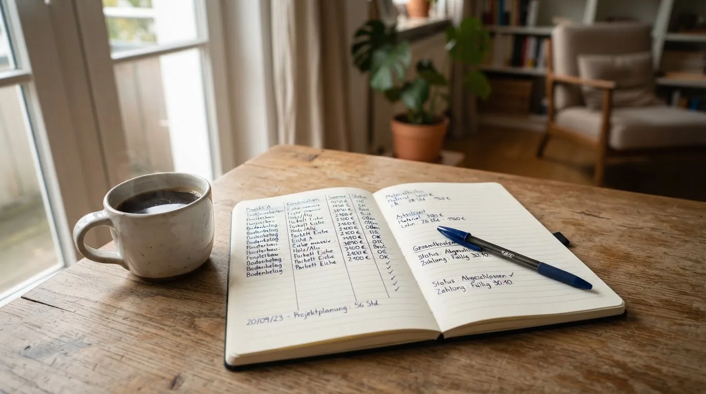Ein aufgeschlagenes leeres Notizbuch mit Kugelschreiber neben einer Tasse Kaffee auf einem Tisch am Fenster.