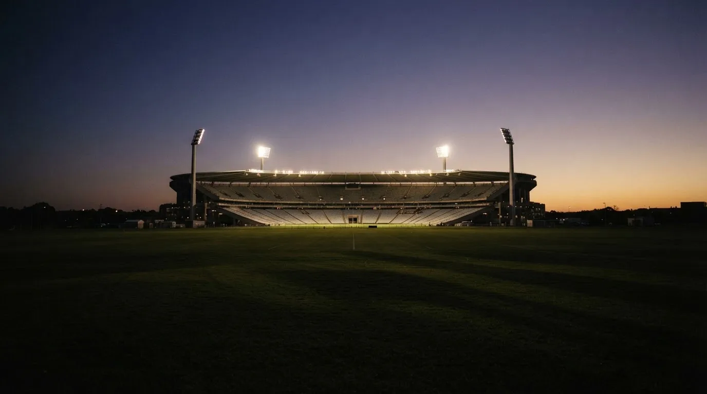 Ein Stadion unter Flutlicht aus der Ferne gesehen, im Vordergrund ein leeres Feld in der Dämmerung.