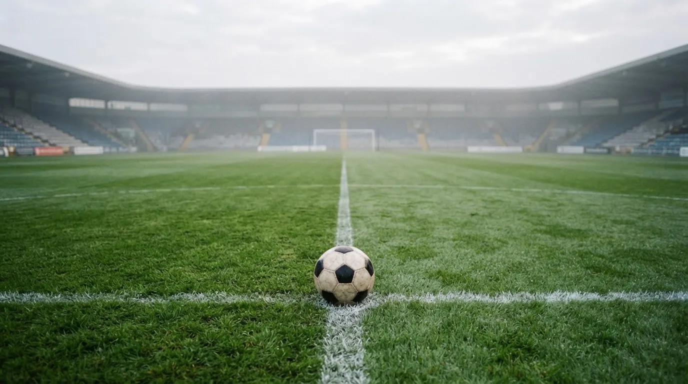 Ein Fußball liegt auf dem Anstoßpunkt eines leeren Rasenplatzes, im Hintergrund hängt Morgendunst über den Tribünen.
