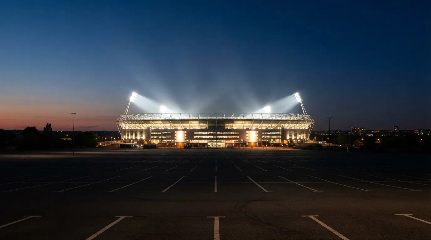 Ein Fußballstadion unter Flutlicht, aus großer Entfernung bei Einbruch der Dunkelheit gesehen, davor ein leerer Parkplatz.