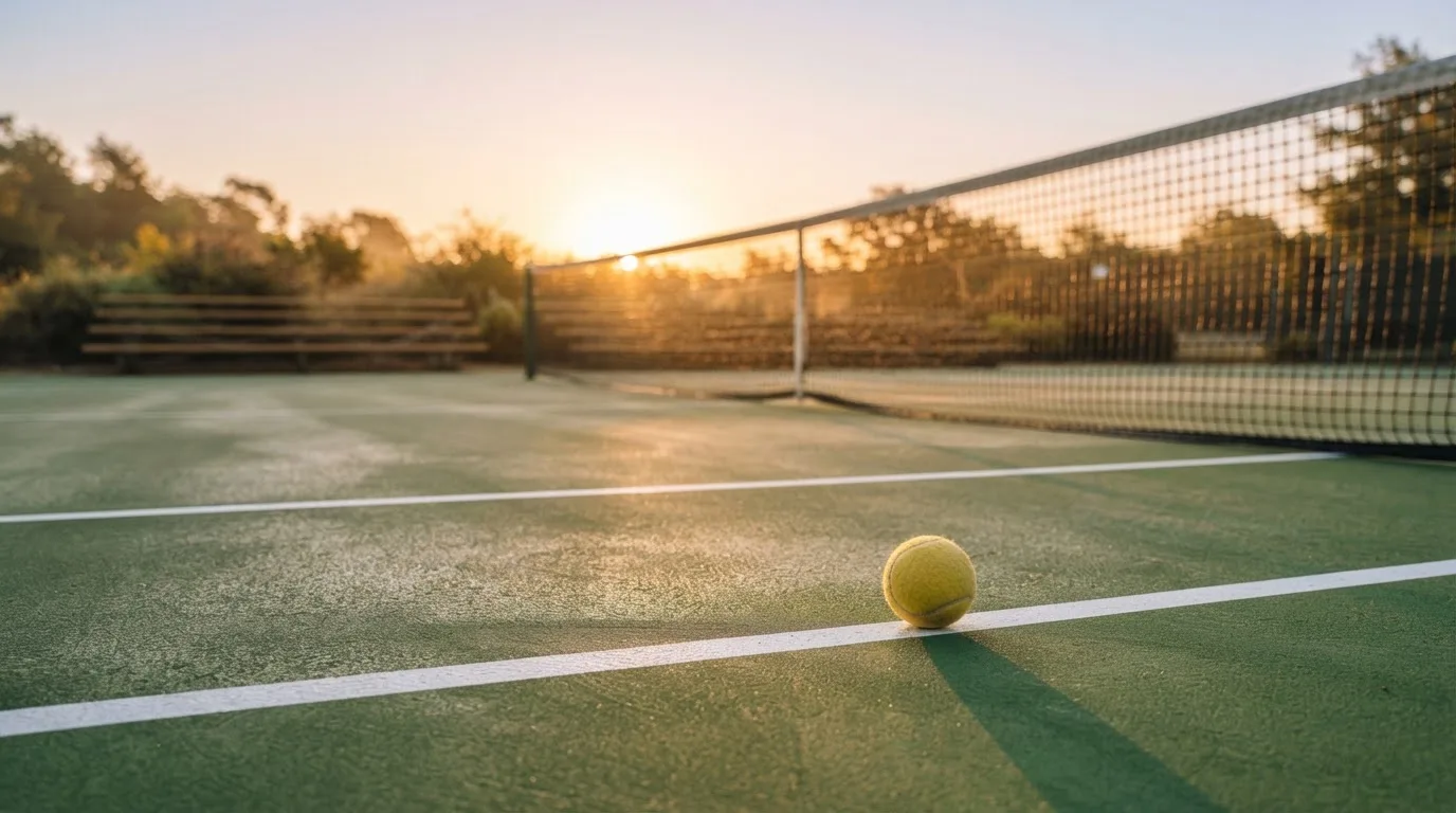 Ein Tennisplatz bei Sonnenaufgang, die Linien noch taufeucht, ein einzelner Ball liegt an der Grundlinie.