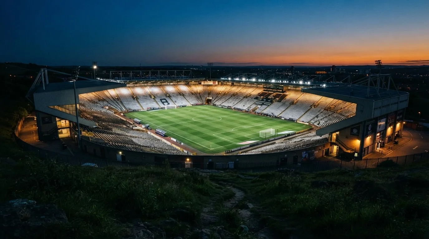Ein leeres Stadion mit hell erleuchteten Rängen in der Abenddämmerung, von einem Hügel aus fotografiert.