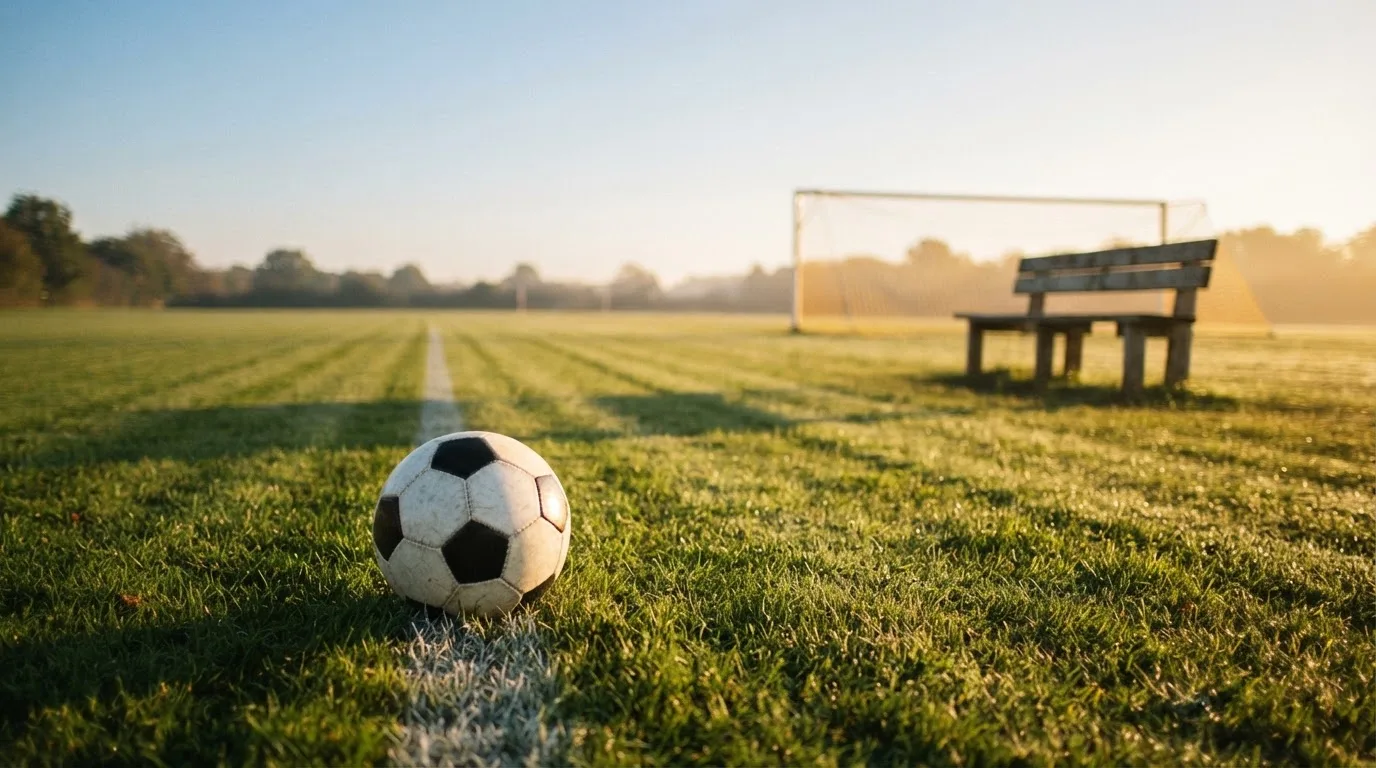 Ein Fußball liegt im Gras am Spielfeldrand, dahinter eine leere Bank und ein Tor im Gegenlicht.
