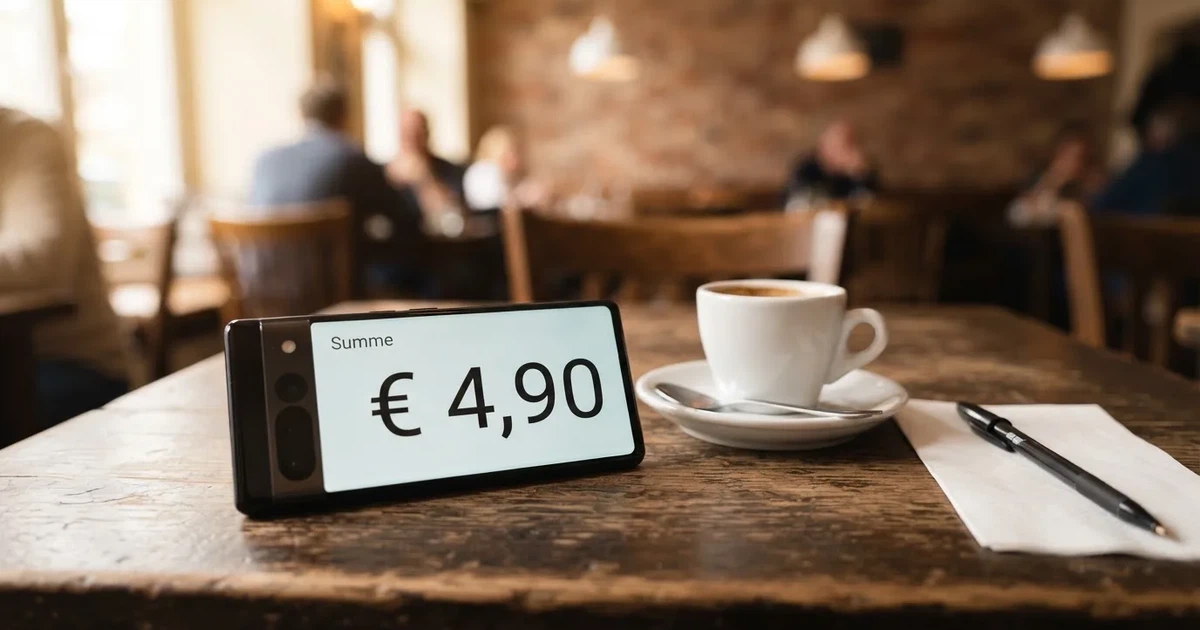 Ein Smartphone liegt mit dunklem Display auf einem Café-Tisch neben einer Tasse Kaffee und einem Kugelschreiber.