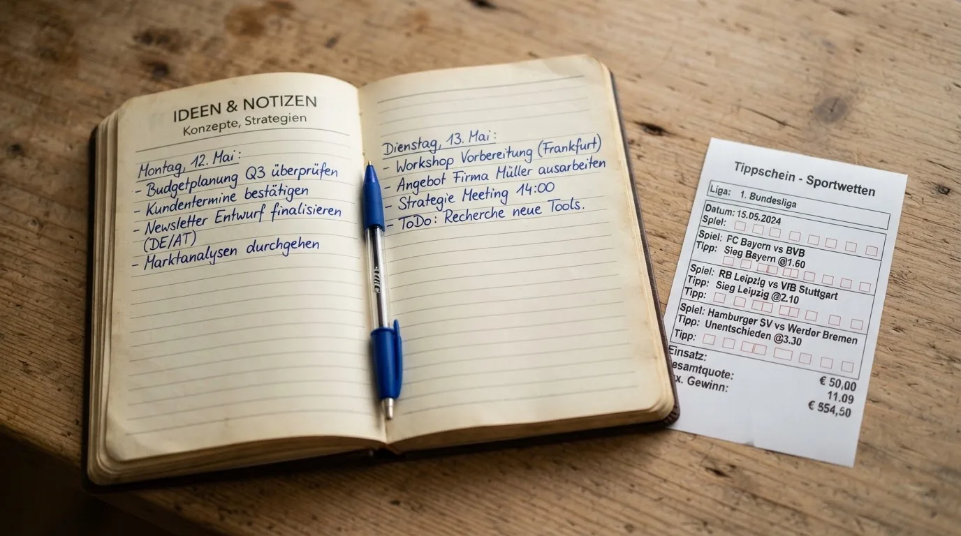 Ein Notizbuch mit handschriftlichen Notizen liegt aufgeschlagen neben einem leeren Papier-Wettschein auf einem Holztisch.