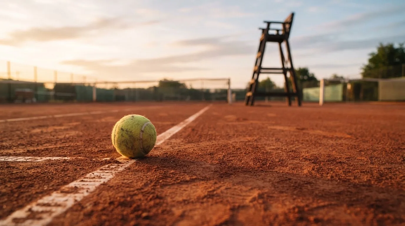 Ein Tennisball liegt auf einem roten Sandplatz bei Sonnenaufgang, im Hintergrund ein leerer Schiedsrichterstuhl.