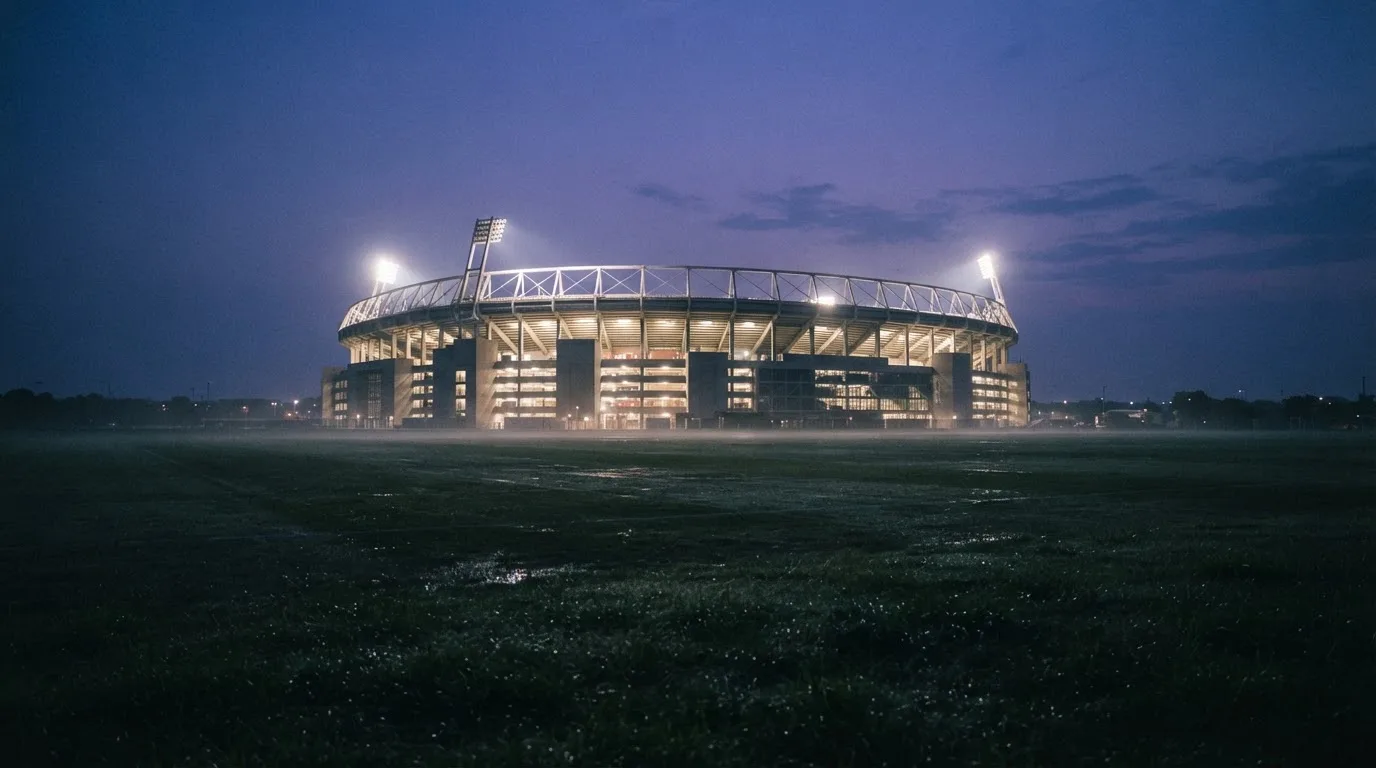 Ein Stadion unter Flutlicht aus der Ferne, davor ein stilles Feld im Dämmerlicht.